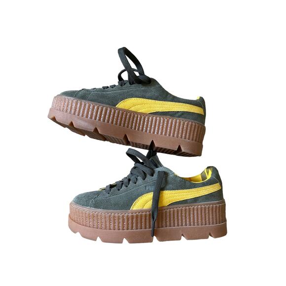 NWOT Puma X Fenty Suede Cleated Creepers - Khaki / Olive + Yellow - Picture 1 of 5